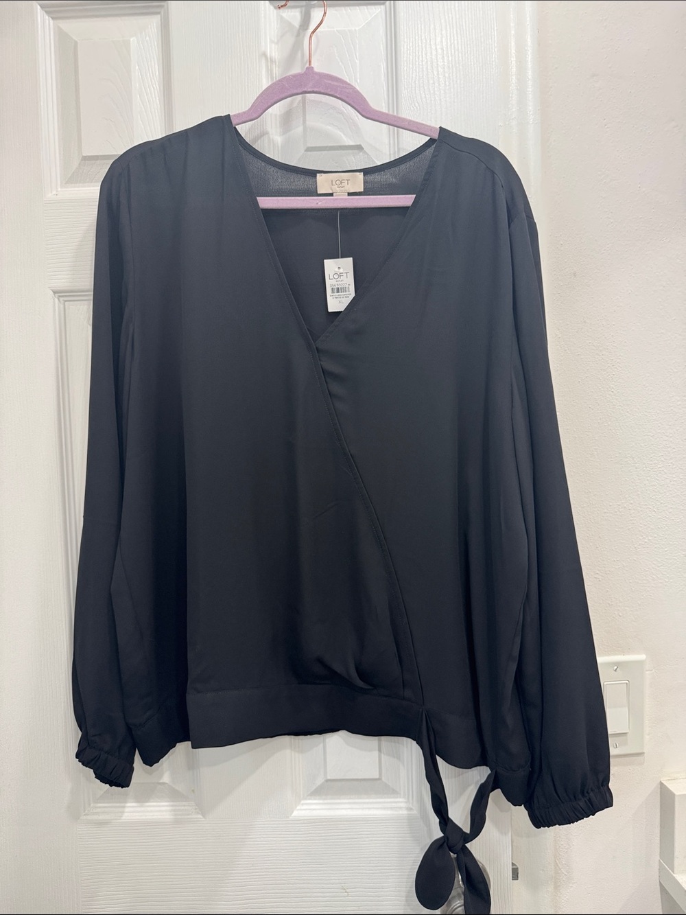 LOFT Black Wrap Tie Blouse - V-Neck Long Sleeve